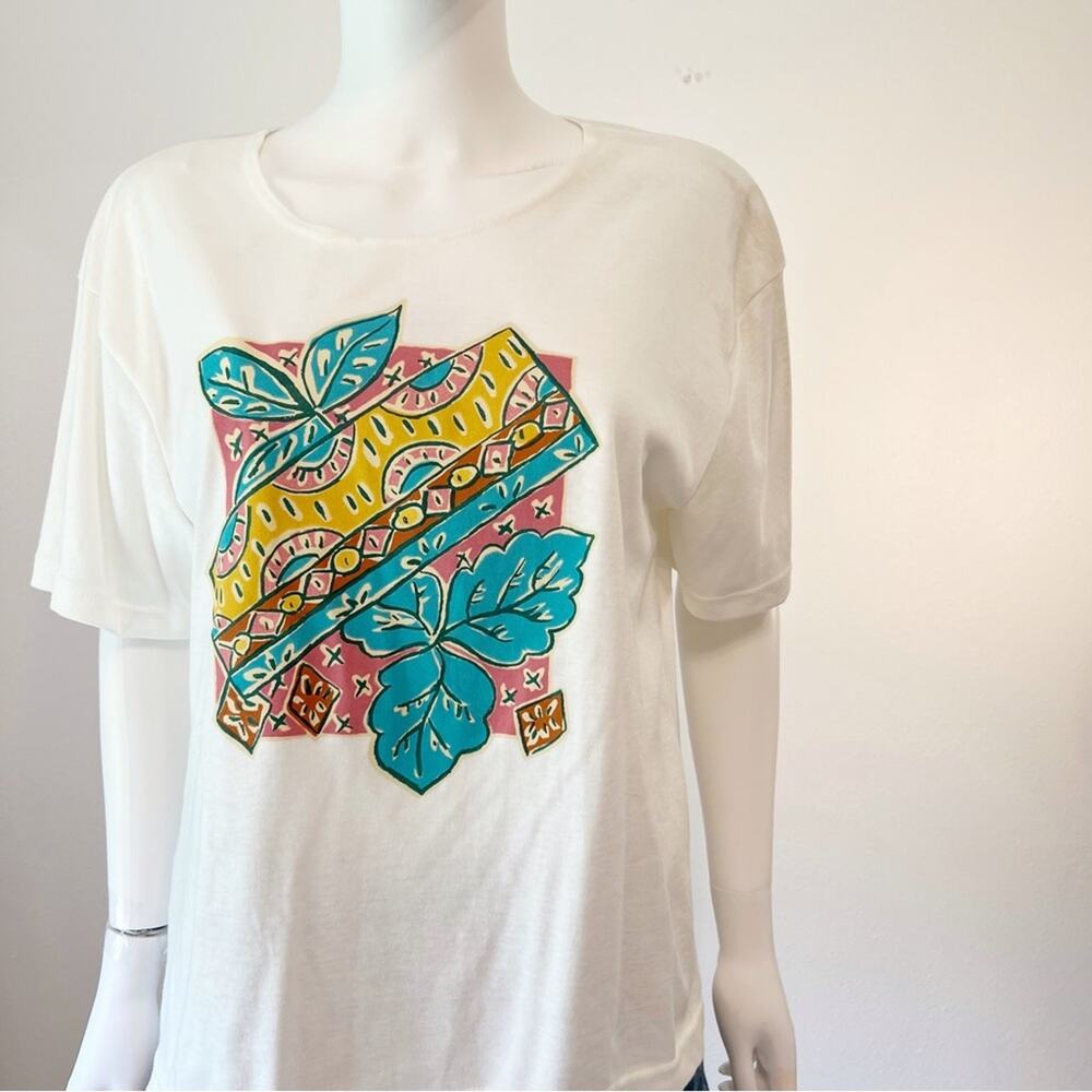 VINTAGE Mervyns Partners White Pink Teal Floral Sunfloral T-Shirt Large NWT - Picture 2 of 8